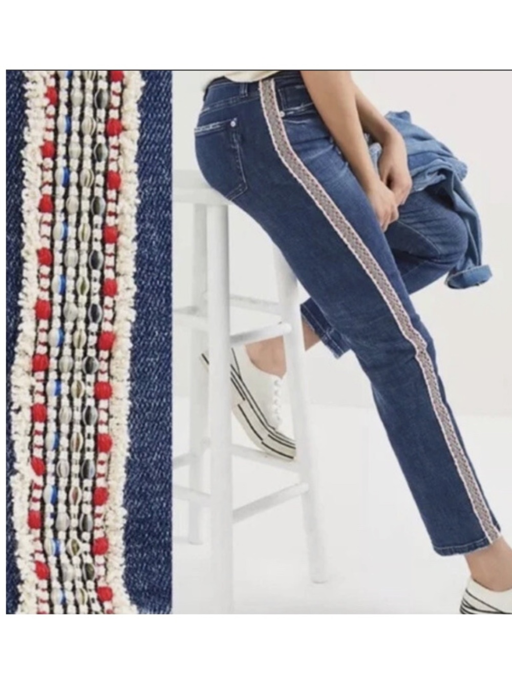 Pilcro Dark Blue Ankle Jeans with Patterned Side Stripe - Slim Boyfriend Crop